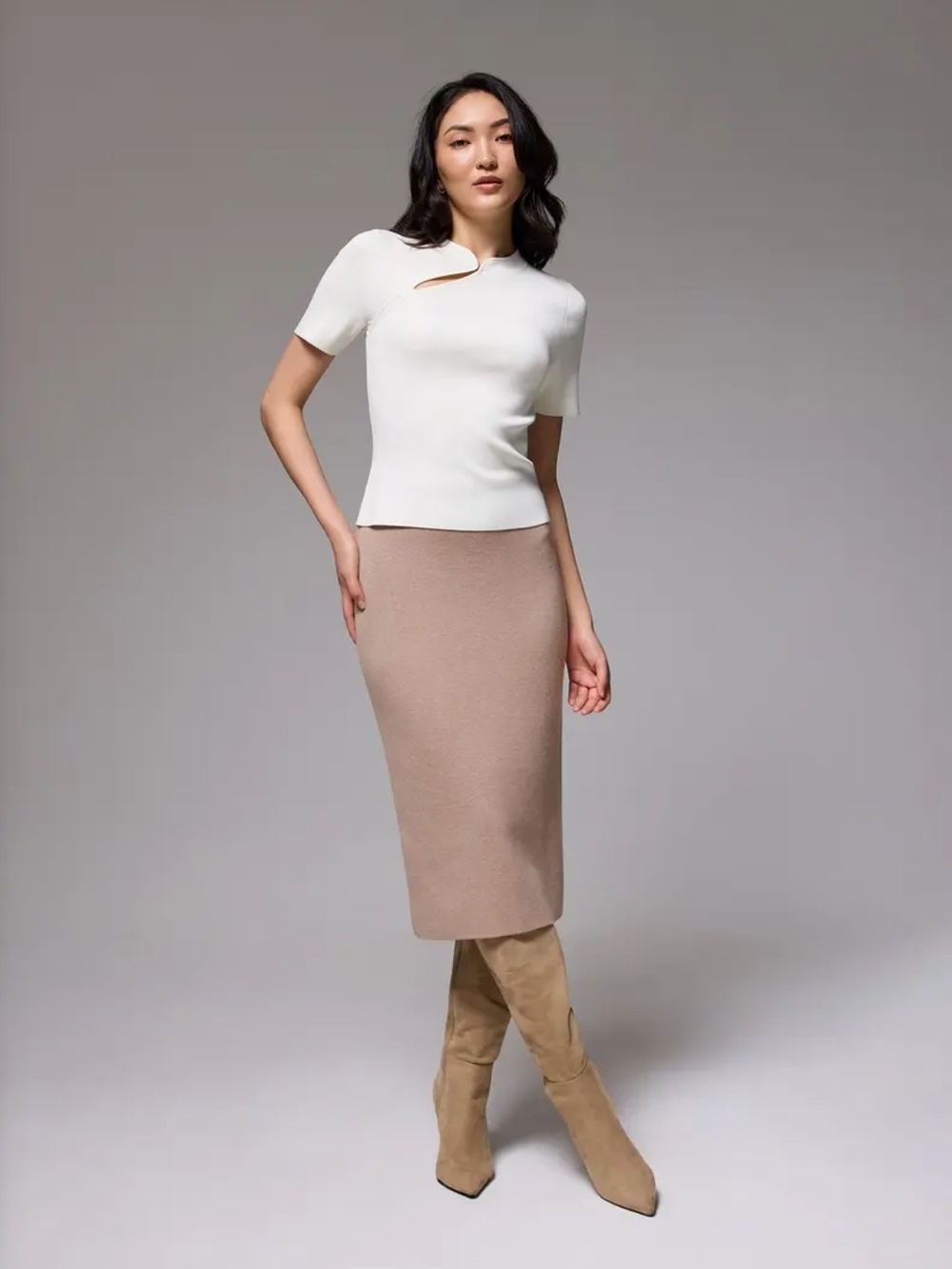 Love, Bonito Esha Elastic Knit Column Midi Skirt - Size M in Taupe Clay